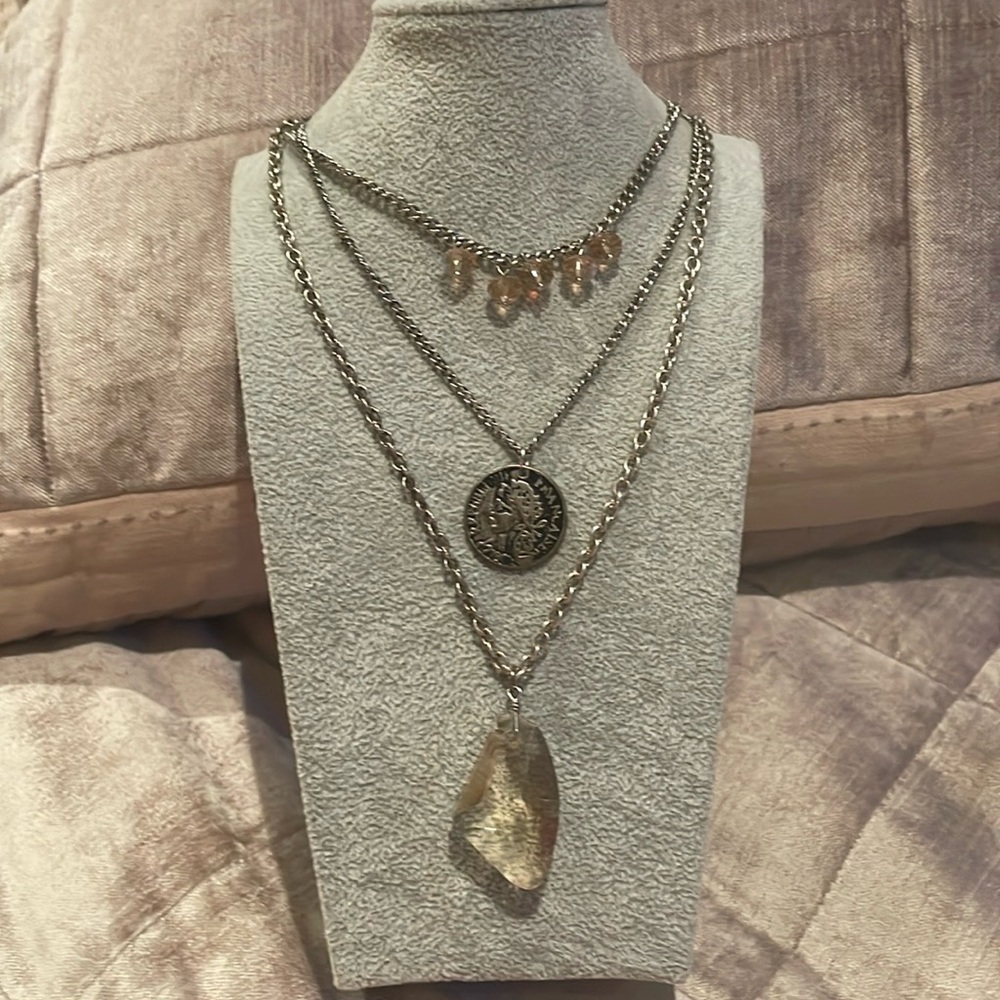 French or Roman Coin 3 Layer Crystal Boho Necklace